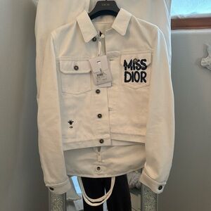 Dior Women's White Jean Jacket with Black Embroidery